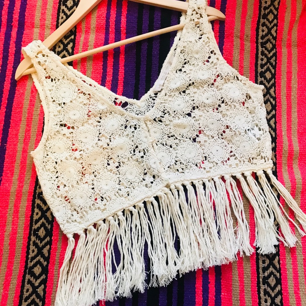 Zara Woven Crocheted Fringe Vest/Top Cream Size L - Picture 2 of 8